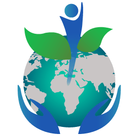 Logo sustentável com globo azul e verde, figura humana e folhas simbolizando meio ambiente